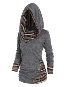 Kvinnors hoodies tröjor Tribal Geometric Stripe Panel Hooded Knit Top Long Sleeve Mock Button Sticked Women Casual Ethnic Top With Hood 230808