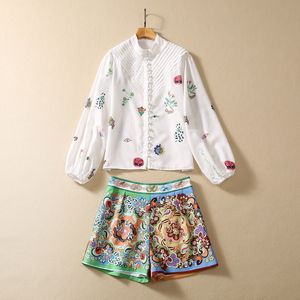 European and American women's clothing 2023 autumn new Long-sleeved stand-up collar shirt Court printed shorts Fashion suit