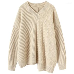 Women's Sweaters Winter Thick Chic Oversized Cashmere Sweater V Neck Cable Knit Patchwork Designs Relaxed Pullovers