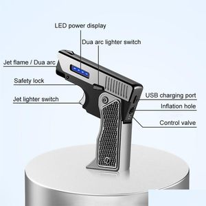 Isqueiros Isqueiro exclusivo à prova de vento Gás-Elétrico Plasma Usb Recarregável Presente Para Homens Pistola Dobrável Tocha Butano Turbo Jato Chama Charuto Dr Dhdkn