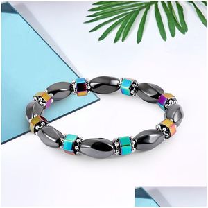 Pulseira magnética de hematita com arco-íris frisado para mulheres, contas de cálculos biliares pretas, poderosas, correntes, pulseira, moda masculina, joias feitas à mão D Dhzhg