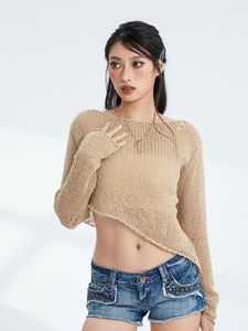 Kvinnors T -skjortor Kvinnor S Sheer Mesh Knit Crop Top Beach täcker Y2K Se genom långärmad bikini Pullover tröja