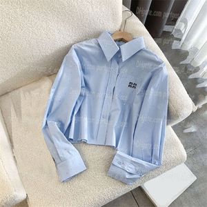 Camisas femininas de grife letras bordadas com strass camiseta feminina luxo manga longa cropped tops elegante charmosa menina lapela branca blusa azul