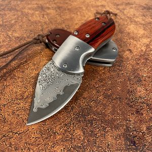 S7216 Toppkvalitet S7216 Liten fällkniv Damascus stål Drop Point Blade Rosewood med stålhuvudhandtag utomhus camping EDC Pocket Mapp Knives