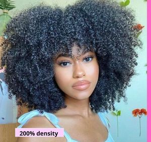 Kinky curly pixie klippte bob mänskligt hår peruk med lugg full maskin peruker för svarta kvinnor remy förplukt med bang frans puff afro brasiliansk 250%densitet tjock peruk