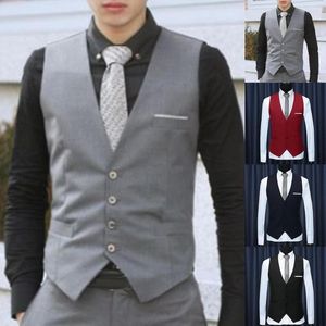 Erkek yelek moda erkek yelek düz renk v boyun kolsuz düğmeler blazer artı boyutu resmi iş ceketi