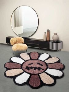 Tapete tufado de rosto sorridente tapete de arte de flor para quarto sala de estar retrô arco-íris macio tapete de banheiro tapete antiderrapante para decoração de casa HKD230809