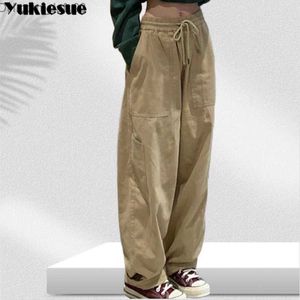 Women's Pants Capris Retro Cargo Pants Women's Khaki Wide Leg Pants Women's Harajuku Pocket Sports Pants Hip Hop Trousers Drawstring Streetwear Pants Z230809
