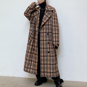 Men's Trench Coats Fashion Men Long Style Lapel Sleeve Belt Loose Wool Plaid Overcoat Streetwear Casual Windbreaker