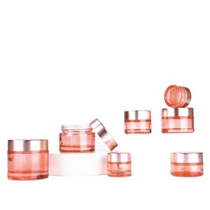 Pink Glass Jar Empty Makeup Cream Jars Travel Sample Container 5g 10g 15g 20g 30g 50g 60g Bottles with Inner Liners and Rose Gold Lids for Lotion Cream Lip Balm