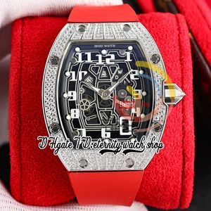 ZYF 67-01 Relógio Mecânico Automático Masculino Aço Inoxidável Diamantes Estampados Caixa Esqueleto Mostrador Número Marcadores de Número Pulseira de Borracha Vermelha eternidade Relógios Herrenuhr Reloj