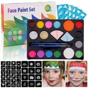 Kit de pintura facial para pintura corporal com 14 cores, 2 pincéis de purpurina, 4 esponjas, 9 estênceis para maquiagem de festa cosplay de Halloween 230808