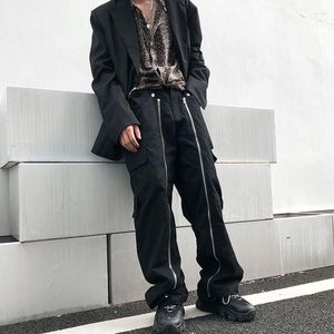 Mäns jeans blixtlås hiphop lastbyxor y2k kvinna man baggy streetwear casual svart staplade män slim flare vit