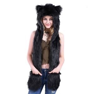 Cachecóis 3 em 1 Feminino Masculino Fofo de Pelúcia Animal Lobo Leopardo Cachecol Chapéu com Patas Luvas Luvas Engrossar Inverno Quente Earflap Bomber Cap 230809