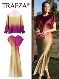 Basic Casual Dresses TRAFZA Women's Fashion Tie Dye Shirts Long Sleeve Lapel Single Breasted Blouse Print Short Sleeve Dress Female Casual Streetwear 230808