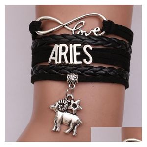 Braccialetti con ciondoli 12 Segno zodiacale Amore Infinito Per donna Uomo Oroscopo Lettera Intrecciato Corda in pelle Avvolgere Braccialetto Moda Gioielli fai da te Goccia Dhwom