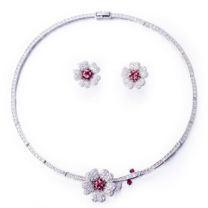 Wedding Jewelry Sets CWWZircons Druzy CZ Stone Big Red Flower Bridal Choker Necklace and Earrings Party Costume for Brides T0518 230808