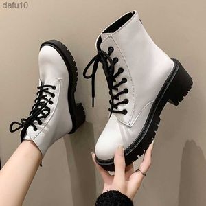 Lucyever White Platform Ankle Boots Women 2023 PU Leather Lace Up Combat Boots Woman Punk Thick Bottom Bottas Memale L230704