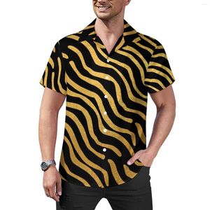 Camisas casuais masculinas retrô anos 70 Art Vacation Shirt Dourado Abstract Lines Print Summer Novity Blusas Manga Curta Padrão Top Plus Size