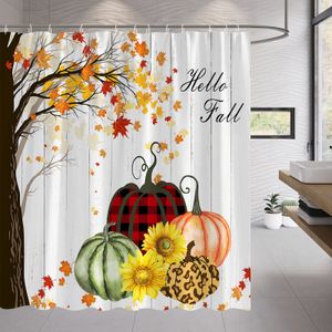 Portaspazzolini Autum Tenda da doccia Autunno Zucca creativa con albero di acero su una tavola di legno bianca Set di accessori per il bagno Vasca da bagno in tessuto 230809