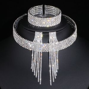 Hochzeitsschmuck-Sets, klassische elegante Quasten-Kristall-Brautschmuck-Sets, afrikanische Hochzeit-Halsketten-Ohrringe-Armband-Sets WX081 230808