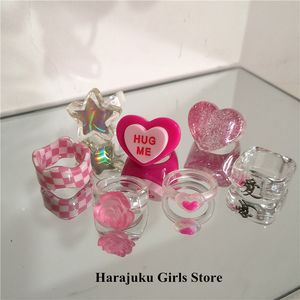 Anéis de casamento kpop bonito gótico rosa transparente flor coração estrela resina acrílico conjunto para mulheres egirl bff y2k acessórios de joias estéticas 230808
