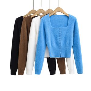 Kvinnor stickar Tees Crop Cardigan Women Winter Fall Outfits Långärmad tröja Knit Fuzzy Kawaii Kläder Vit Square Neck Top Brown 230808