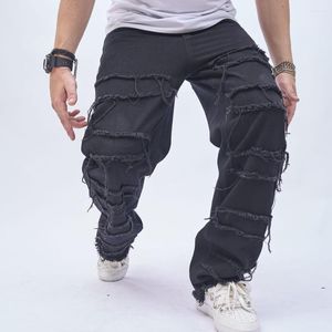 Erkek kot pantolon hip hop şık yırtık yama gevşek pantolon sokak kıyafetleri erkek düz gündelik denim pantolon