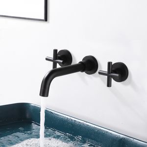 Rubinetti per bagno Ottone nero opaco Lavandino a parete con doppia maniglia Rubinetti per acqua calda e fredda Miscelatore per lavabo in oro spazzolato Set di rubinetti