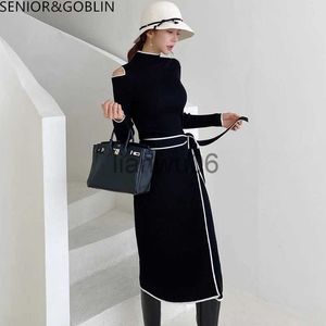 Basic Casual Dresses 2023 New Autumn Korean Chic Temperament Slim TieUp Dresses Sexy Strapless Black Knit Sweater Vestidos J2308009