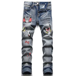 Mens Jeans Rock Punk Style Design Printed Blue Digital Print Stretch Denim Pants Fashion Slim avsmalnande byxor Jeans 230809