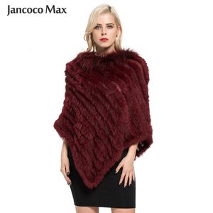 Kurtki damskie Jancoco Max Przyjazd Real Rabbit Fur Knitted Poncho Raccoon Collar Shawl Winter Capes Pullover S7110 230808