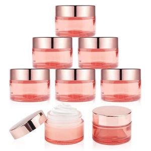 Rosa Glas-Gesichtscremedose, leere dicke Glasflasche, kosmetischer Cremedose-Behälter mit roségoldenem Deckel und Inneneinlagen, 5 g, 10 g, 15 g, 20 g, 30 g, 50 g, 60 g, 100 g