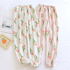 Women's Sleepwear Women Flannel Ankle-tied Pants Pajama Bottoms Autumn Winter Warm Thickening Home Tulip Printed Trousers Ankle Banded