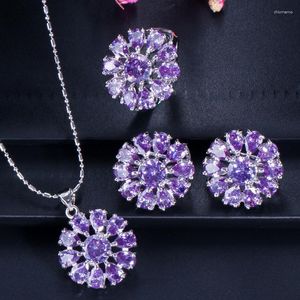 Collana Orecchini Set ThreeGraces Romantico Viola Cubic Zirconia Grande Fiore Stud Anello Matrimonio Fidanzamento Gioielli Per Le Donne JS623