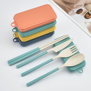 Dinnerware Sets 4Pcs Portable Wheat Straw Set Home Tableware Knife Fork Spoon Chopsticks Eco-Friendly Utensil Box Travel Cutlery