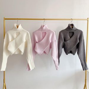 Kvinnors tröjor Feminino criss Cross Hollow Out Pullovers Turtleneck långärmad y2k kläder stickade fram och bakre tvåkläder toppar