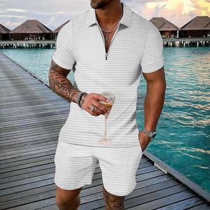 Men's Tracksuits Fashion Solid Color Small Check Short Sleeved 2 Piece Set Men Plus Size Casual Polo Tracksuit Suit