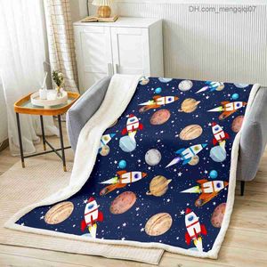 Blankets Swaddling Space Wool Throwing Blanket Children's Galaxy Plush Blanket Cosmic Planet Sherpa Blanket Starry Sky Room Decoration Z230809