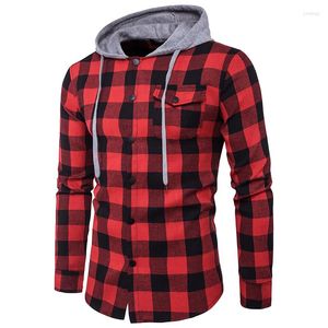 Herrenhemden Rot Schwarz Kariertes Kapuzenhemd Männer Langarm Slim Fit Lässige karierte Hoodies Herrentasche Knopfleiste vorne Chemise Homme