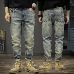 Herr jeans italiensk stil mode män hög kvalitet retro blå elastisk smal fit rippad vintage designer denim pants hombre 230809