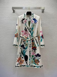 2023 Autumn Multicolor Floral Print Belted Trench Coat Long Sleeve Notched-Lapel Buttons Double-Breasted Long Outwear Coats B3G082338