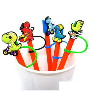 Drinking Straws Custom Dinosaur Sile St Toppers Accessories Er Charms Reusable Splash Proof Dust Plug Decorative 8Mm Party Drop Delivery Ho