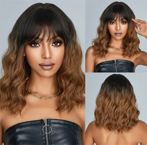 Middle Length Ombre Synthetic Wigs with Bangs Short Brown Curly Wave Wig for Women Natural Daily Hair Heat Resistant Fiber