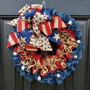 Decorative Flowers 15.7 Inch American Floral Wreath Patriotic Memorial Day 4th Of July Garland Independence Cloth Front Door Decor