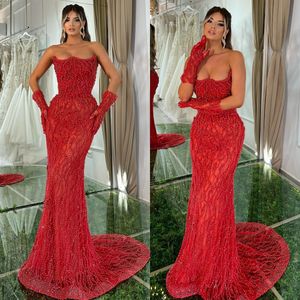 Elegant Red Pearls Mermaid Evening Dresses Strapless Party Prom Dress Sweep Train Formal Long Red Carpet Dress for special occasion