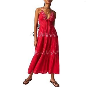 Casual Dresses Women Summer Long Dress Flower Brodery Tie-up Halter Neck Sleeveless Fashion Backless A-Line