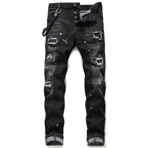 Mäns jeans snäva smala små ben jeans med trasiga lappar, elastisk färg sprutad svart lapptäcke, tiggare byxor, europeiska och amerikanska byxor