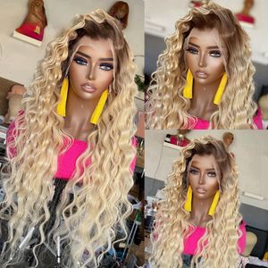 Deep Wave 4T613 Brasilianskt mänskligt hår 13x4 Spetsfront peruk Förplukt ombre honung Blond färgade syntetiska frontala peruker för kvinnor