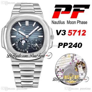 PF V3 5712 Moon Phase PP240 Automatic Mens Watch Power Reserve D-Blue Texture Dial Stainless Steel Bracelet Super Edition PTPP Pur269s